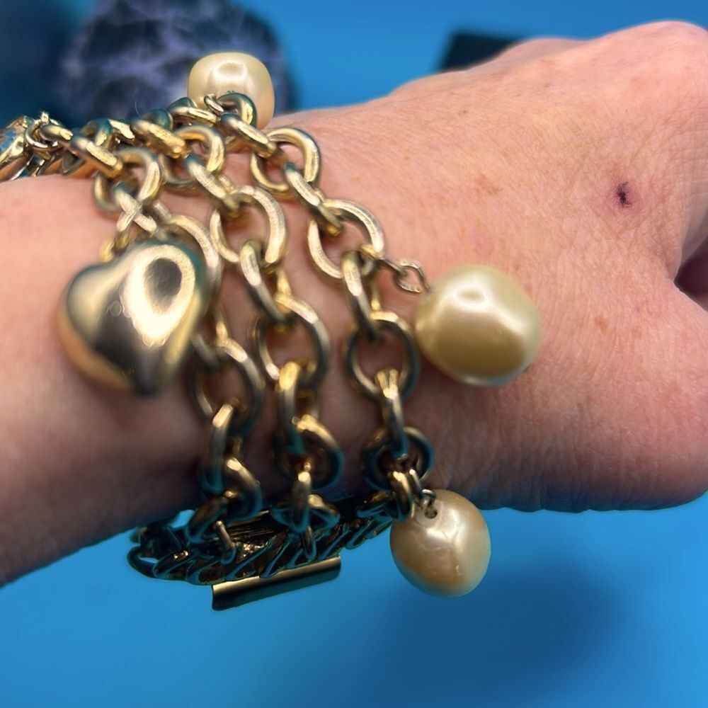 Vintage Cha Cha Pearl Heart Charm Bracelet Gold Tone Ornate Slide Clasp 3 Rows